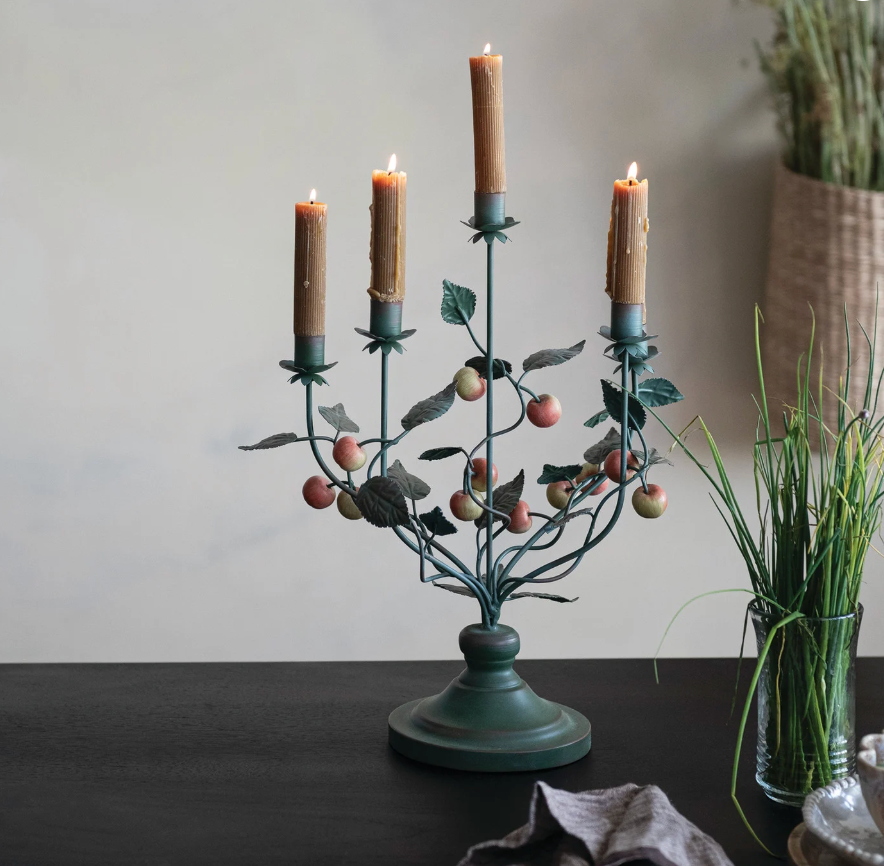 Hand-Painted Metal Vintage Reproduction Toleware Candelabra with Crabapples (Holds 5 Tapers)