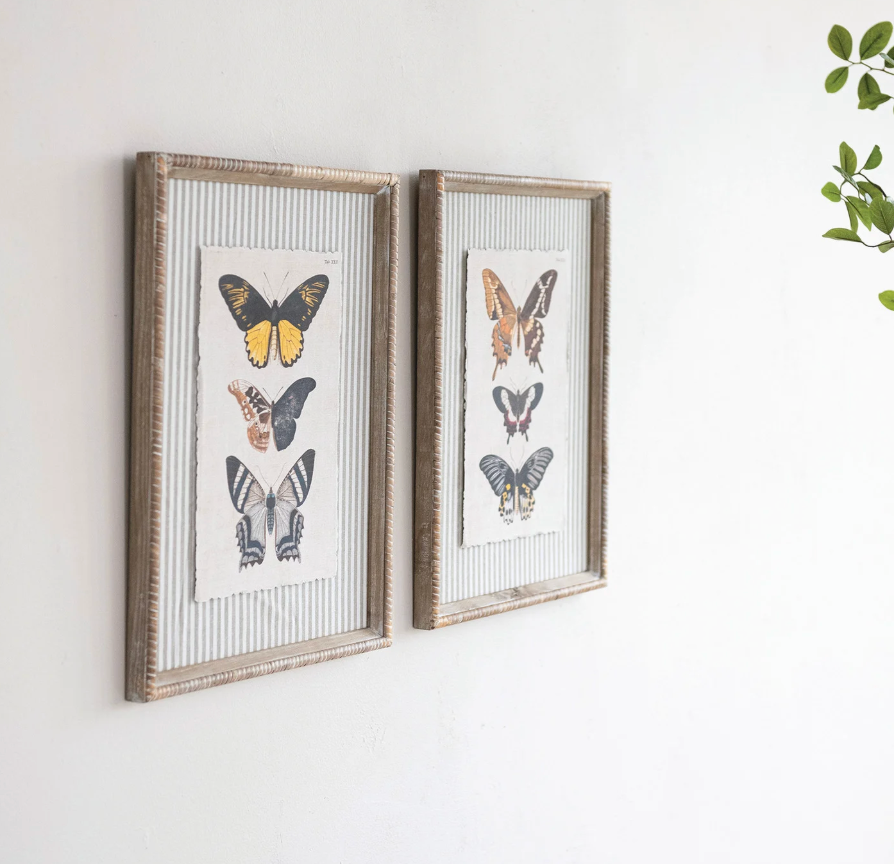 Wood Framed Wall Decor with Butterflies &amp; Striped Mat, 2 Styles