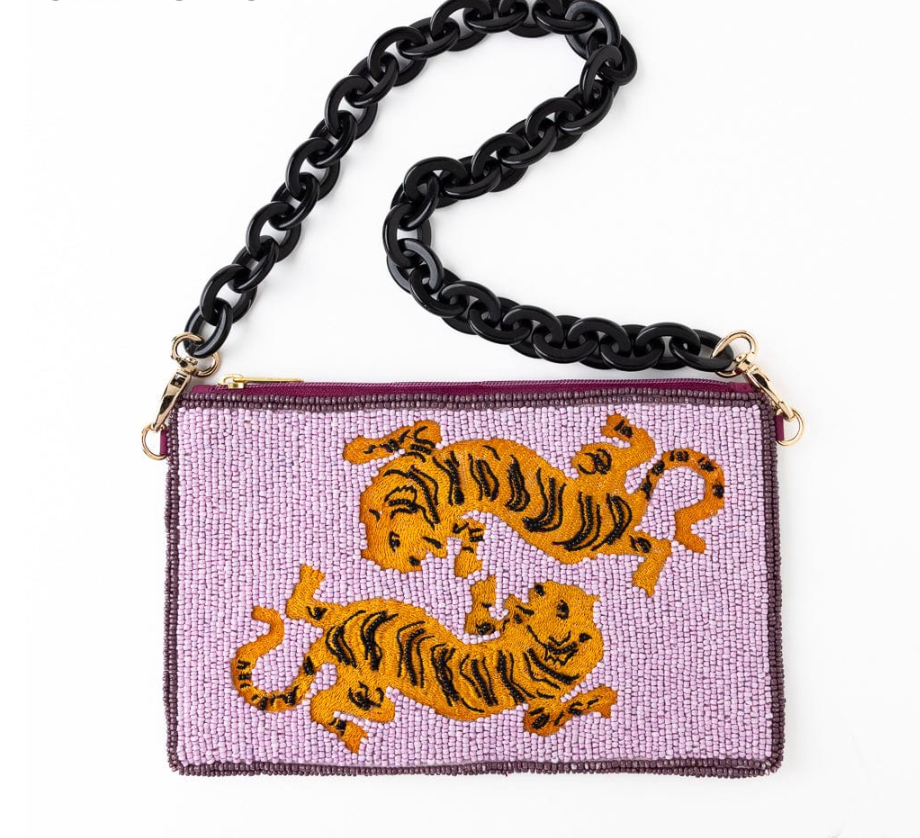 Elenor Embroidered Tiger Beaded Bag Purple