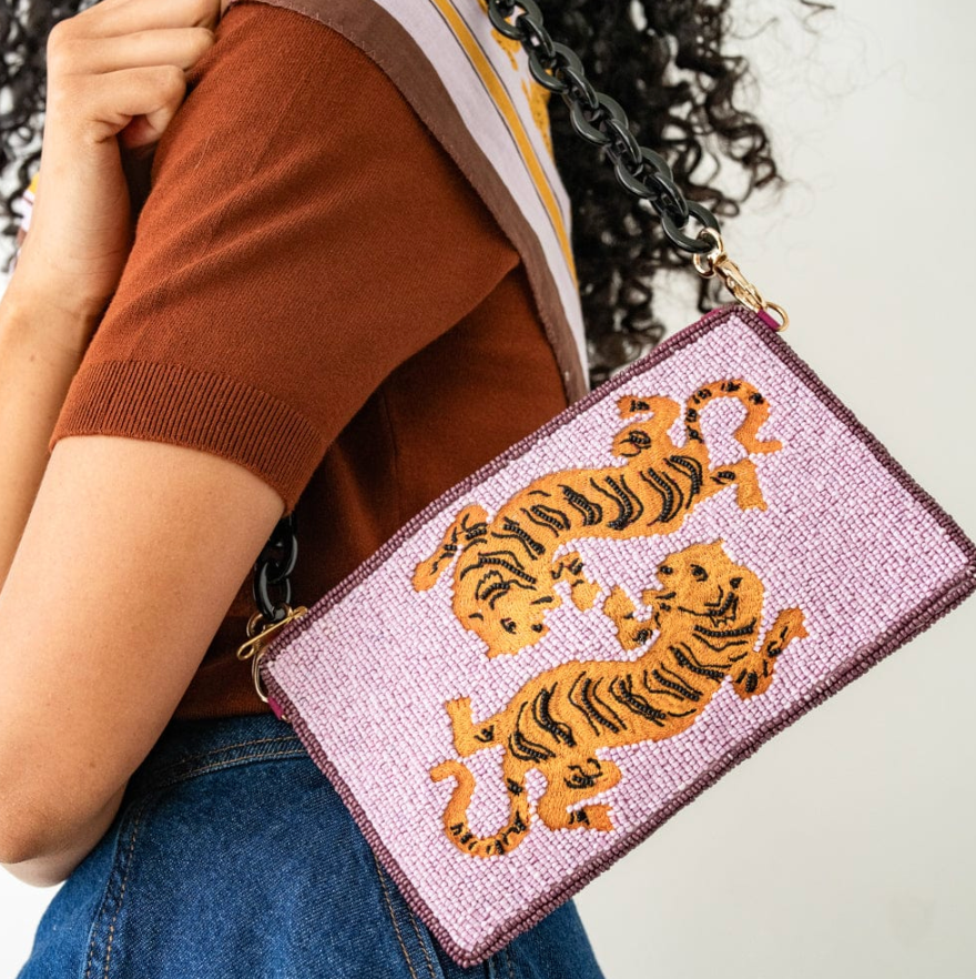 Elenor Embroidered Tiger Beaded Bag Purple