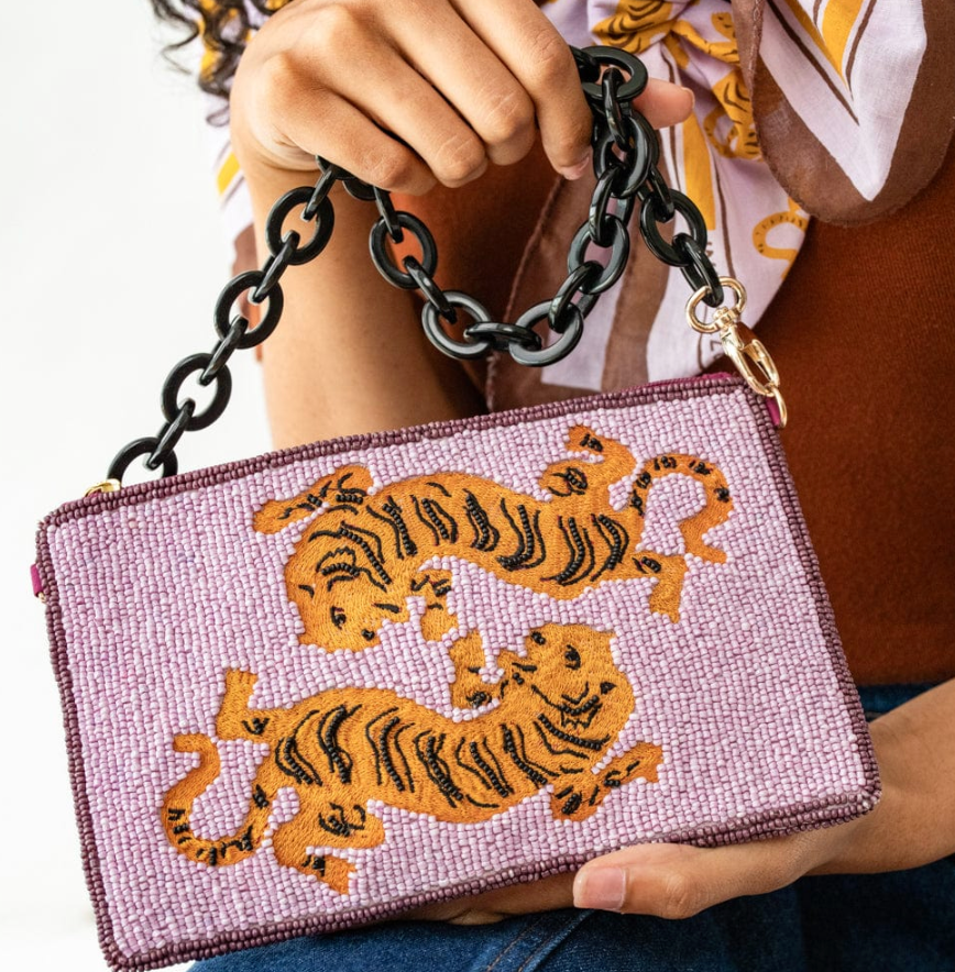 Elenor Embroidered Tiger Beaded Bag Purple