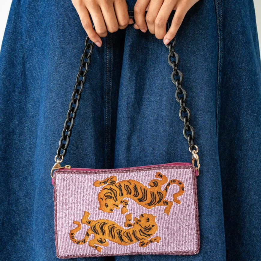 Elenor Embroidered Tiger Beaded Bag Purple
