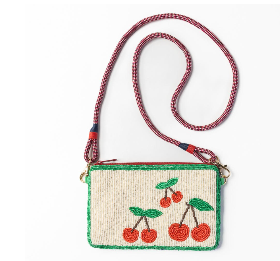 Leila Cherries Seed Bead Clutch With Strap