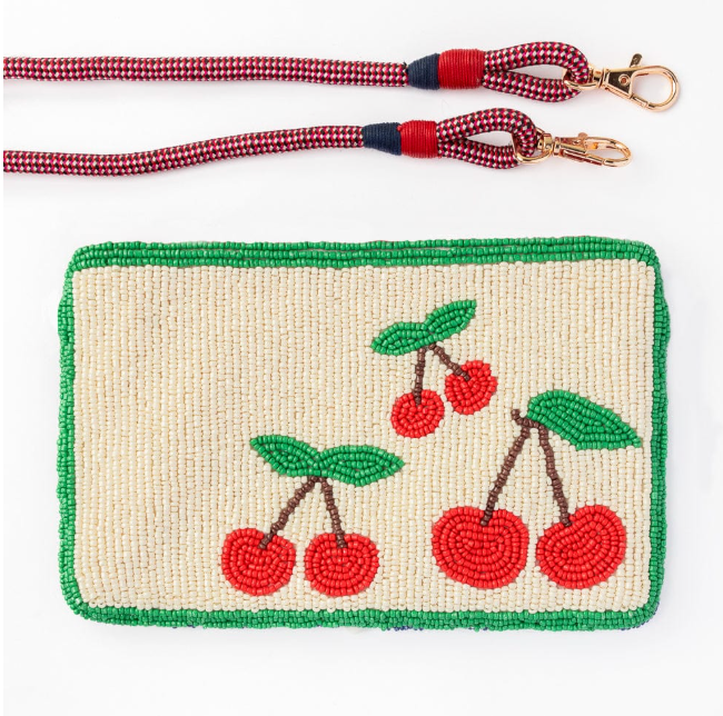 Leila Cherries Seed Bead Clutch With Strap