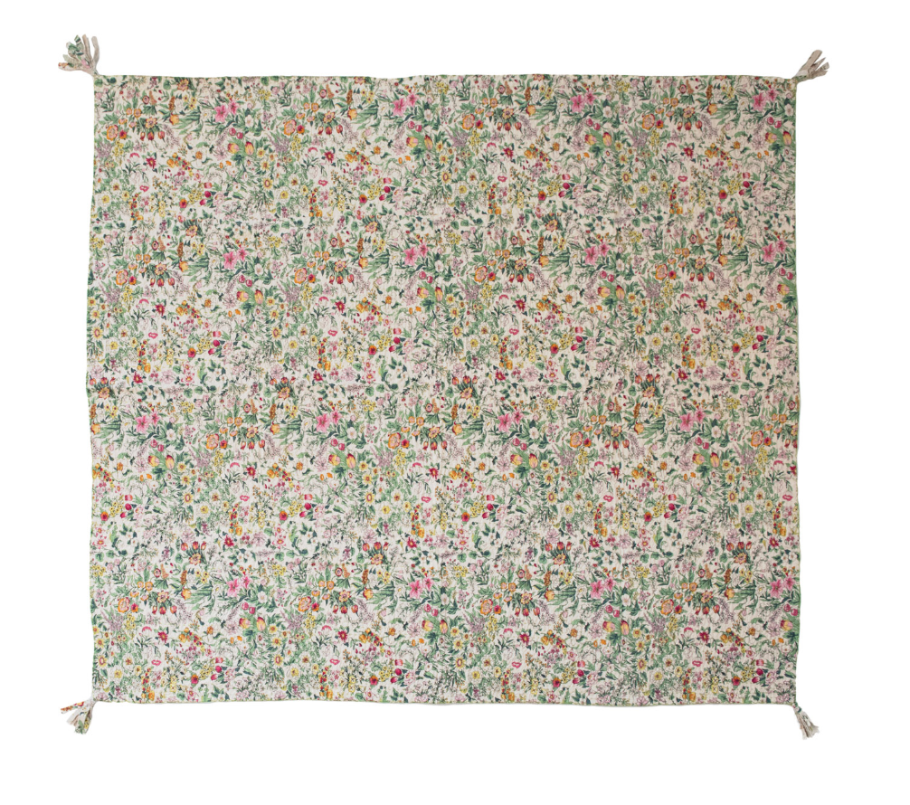 Quilted Cotton Throw Blanket with Floral Pattern, Kantha Stitch and Tassels