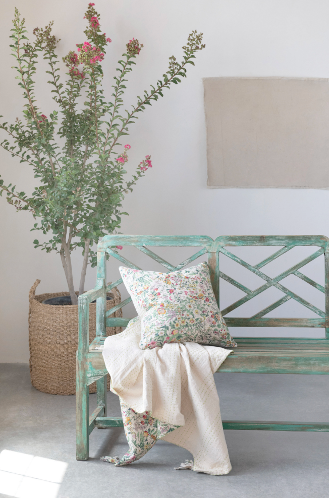 Quilted Cotton Throw Blanket with Floral Pattern, Kantha Stitch and Tassels