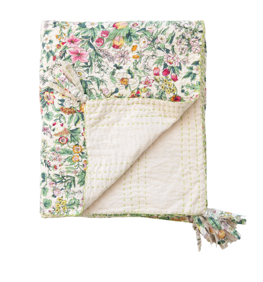 Quilted Cotton Throw Blanket with Floral Pattern, Kantha Stitch and Tassels