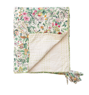 Quilted Cotton Throw Blanket with Floral Pattern, Kantha Stitch and Tassels