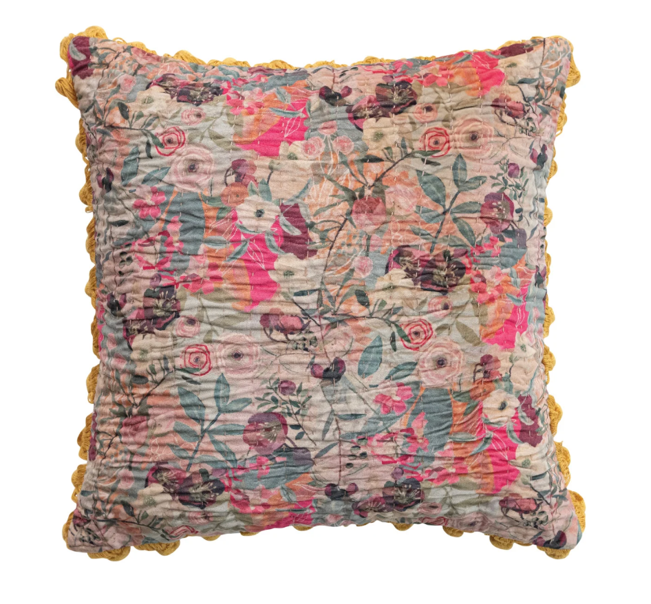 Velvet Printed Pillow w/ Hand-Embroidered Kantha Stitch, Pom Poms &amp; Chambray Back