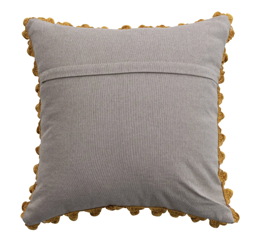 Velvet Printed Pillow w/ Hand-Embroidered Kantha Stitch, Pom Poms &amp; Chambray Back