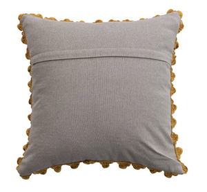 Velvet Printed Pillow w/ Hand-Embroidered Kantha Stitch, Pom Poms & Chambray Back