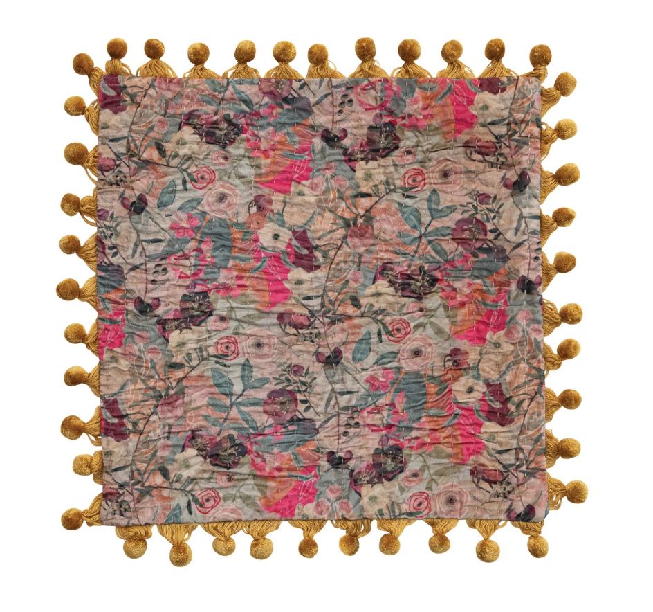 Velvet Printed Pillow w/ Hand-Embroidered Kantha Stitch, Pom Poms &amp; Chambray Back