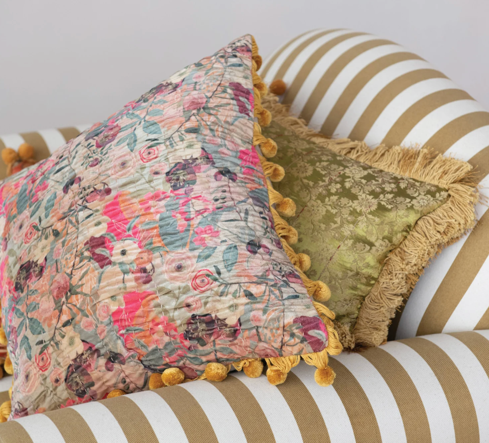 Velvet Printed Pillow w/ Hand-Embroidered Kantha Stitch, Pom Poms &amp; Chambray Back