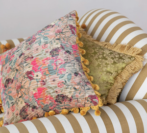 Velvet Printed Pillow w/ Hand-Embroidered Kantha Stitch, Pom Poms & Chambray Back
