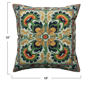 18" Square Cotton Embroidered Pillow w/ Pattern