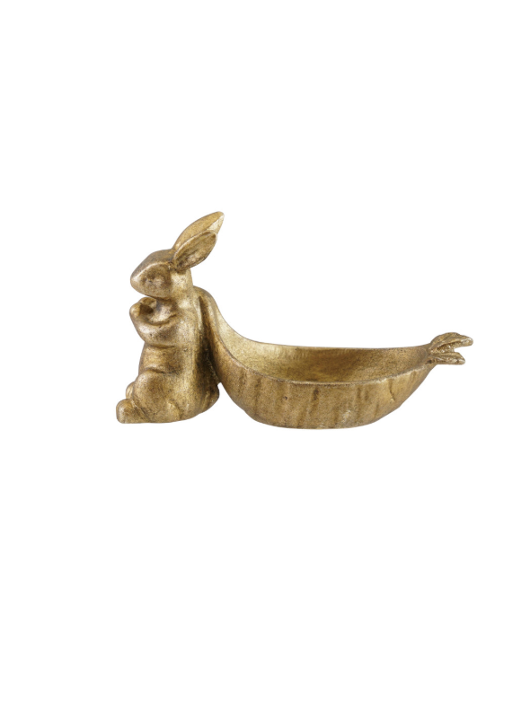 Decorative Pewter Rabbit Pulling Carrot Shaped Dish, Antique Gold Finish