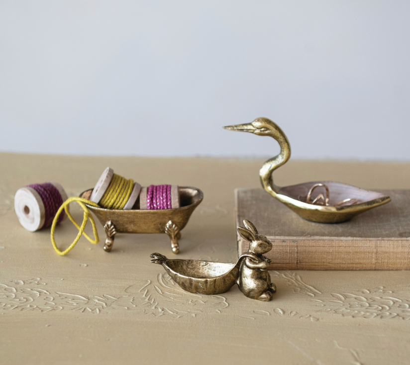 Decorative Pewter Rabbit Pulling Carrot Shaped Dish, Antique Gold Finish