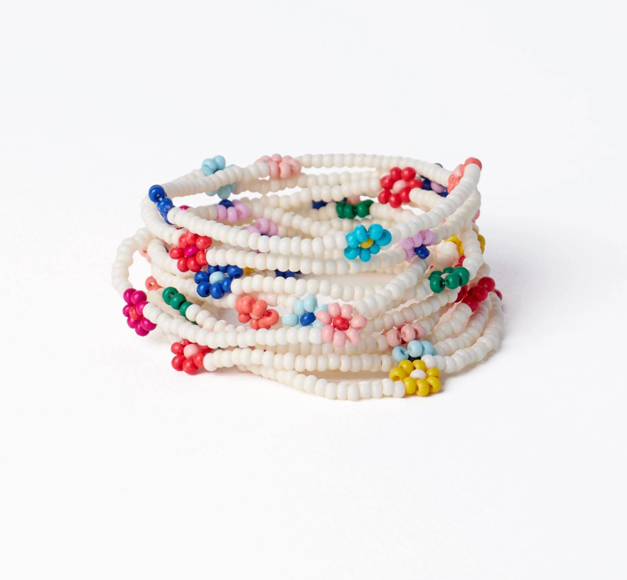 Sage Multi-Color Flower Beaded 10 Strand Stretch Bracelets Ivory
