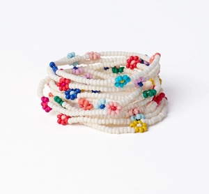 Sage Multi-Color Flower Beaded 10 Strand Stretch Bracelets Ivory