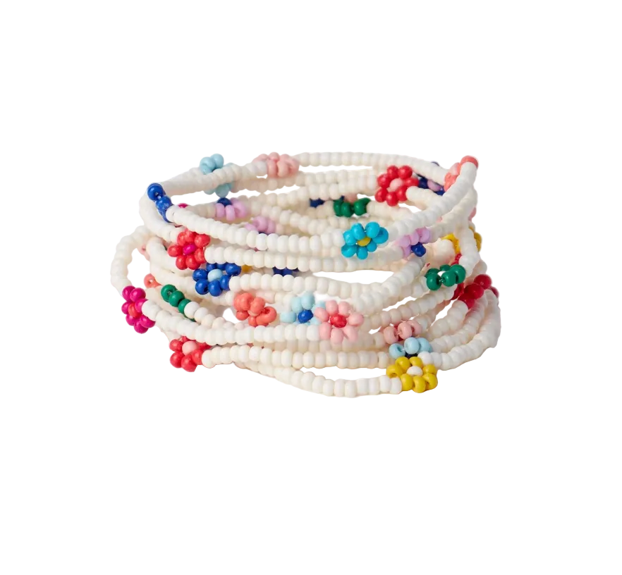 Sage Multi-Color Flower Beaded 10 Strand Stretch Bracelets Ivory