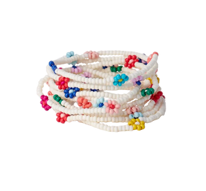 Sage Multi-Color Flower Beaded 10 Strand Stretch Bracelets Ivory