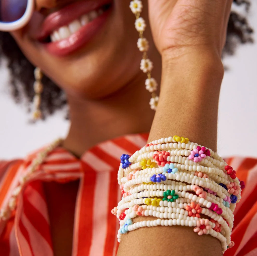 Sage Multi-Color Flower Beaded 10 Strand Stretch Bracelets Ivory