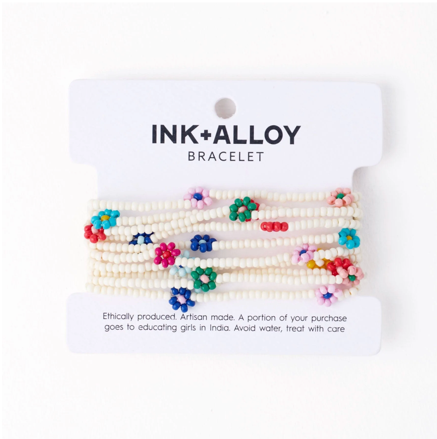 Sage Multi-Color Flower Beaded 10 Strand Stretch Bracelets Ivory