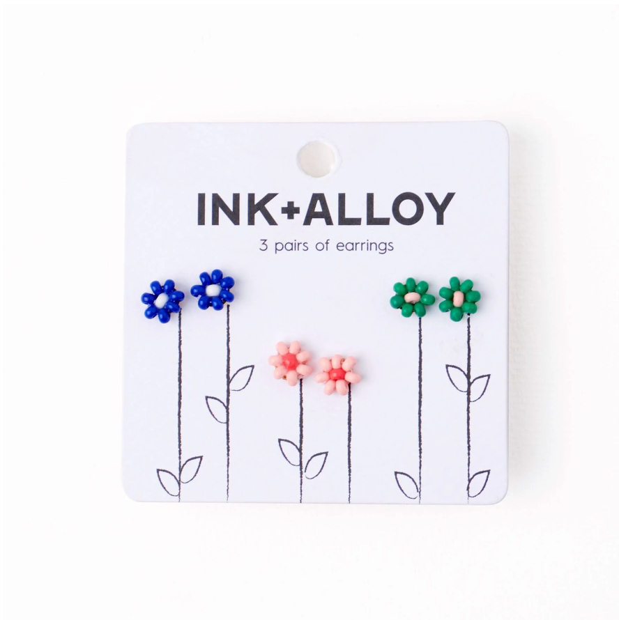 Tina Flower Earrings Trio Set Lapis, Pink + Kelly Green