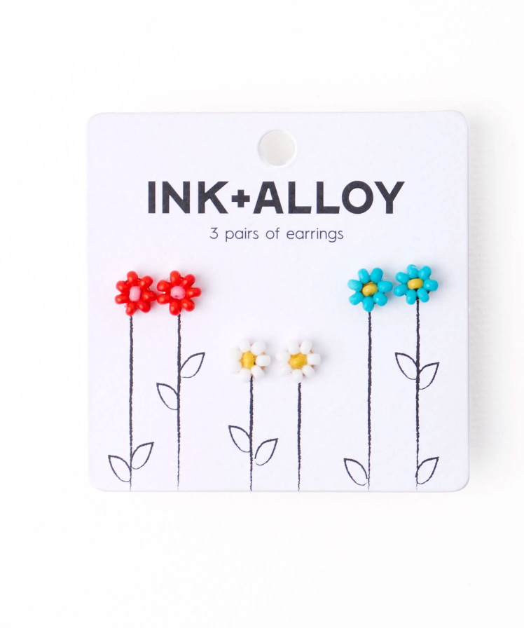 Tina Flower Earrings Trio Set Aqua, Tomato + White