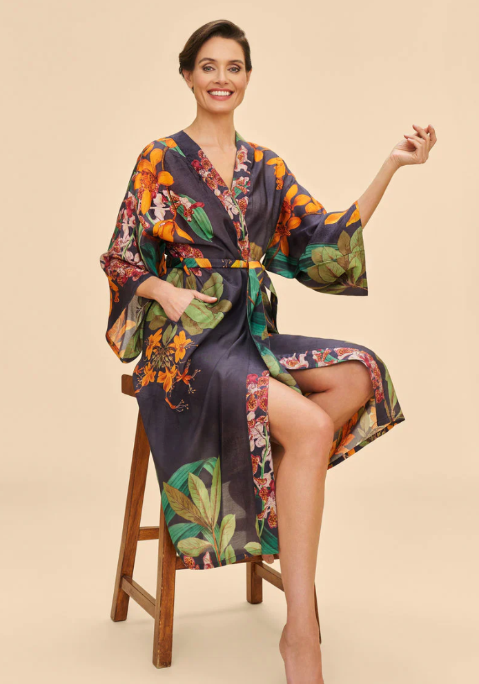 Botany Bliss In Charcoal Kimono Gown