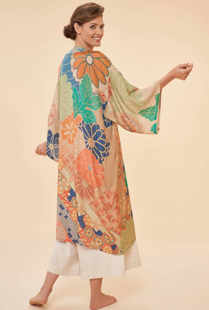 70S Kaleidoscope Floral Kimono Gown In Coconut