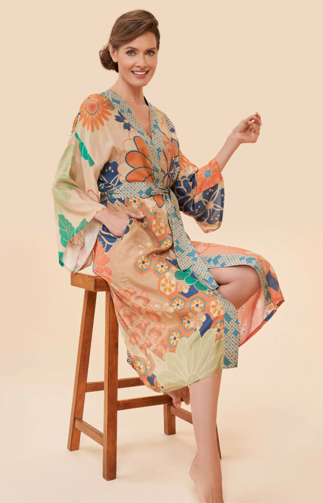 70S Kaleidoscope Floral Kimono Gown In Coconut