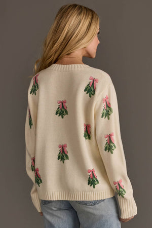 Ivory Tree Sweater with Pink Bows