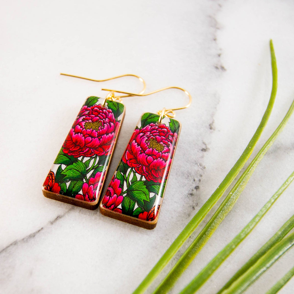 Japanese Bright Pink Peony Flower Tapered Rectangle Earrings