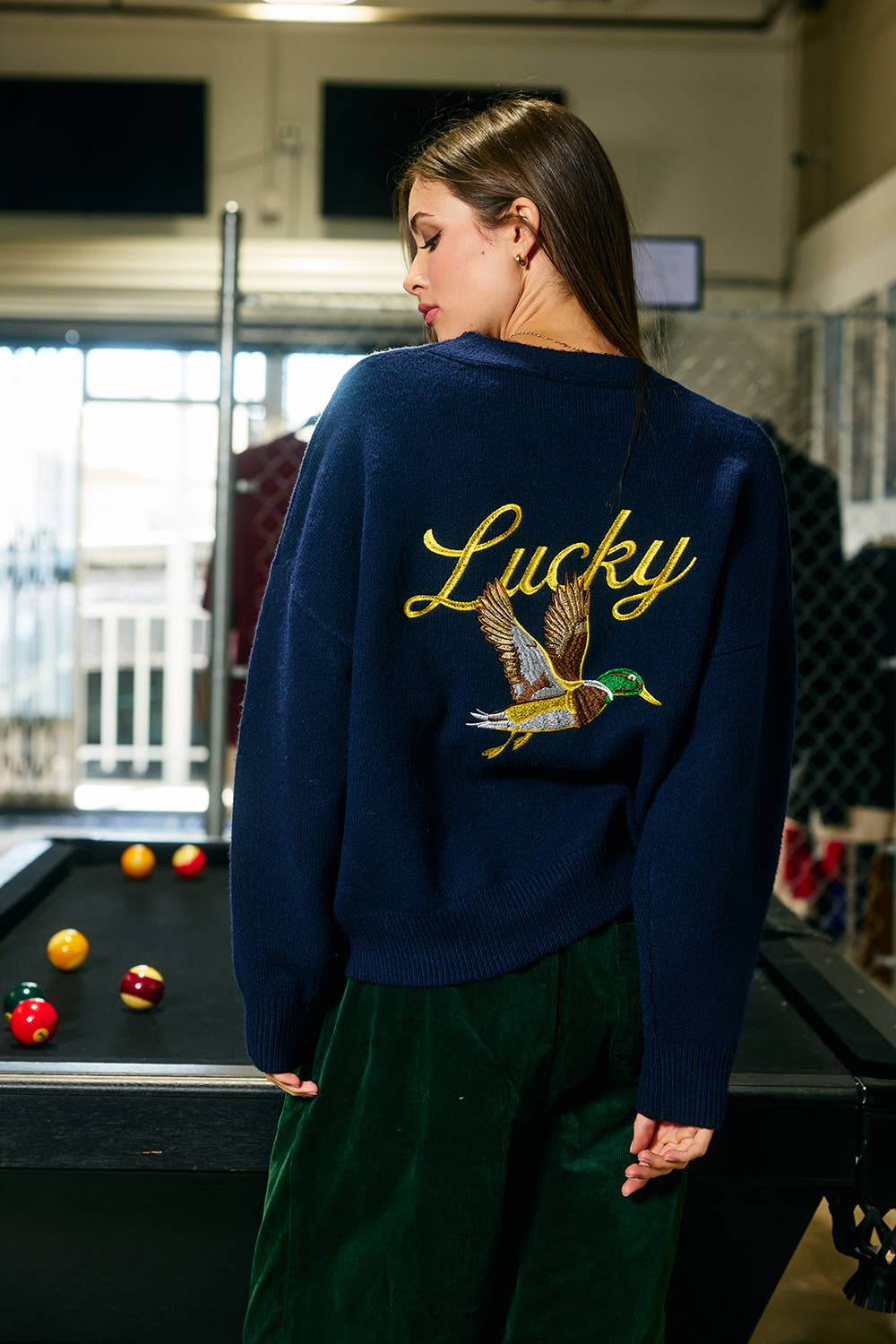 Embroidered "Lucky Duck" V-Neck Cardigan