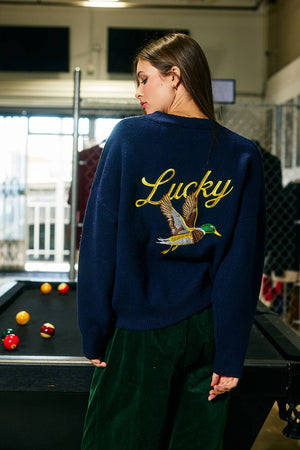 Embroidered "Lucky Duck" V-Neck Cardigan