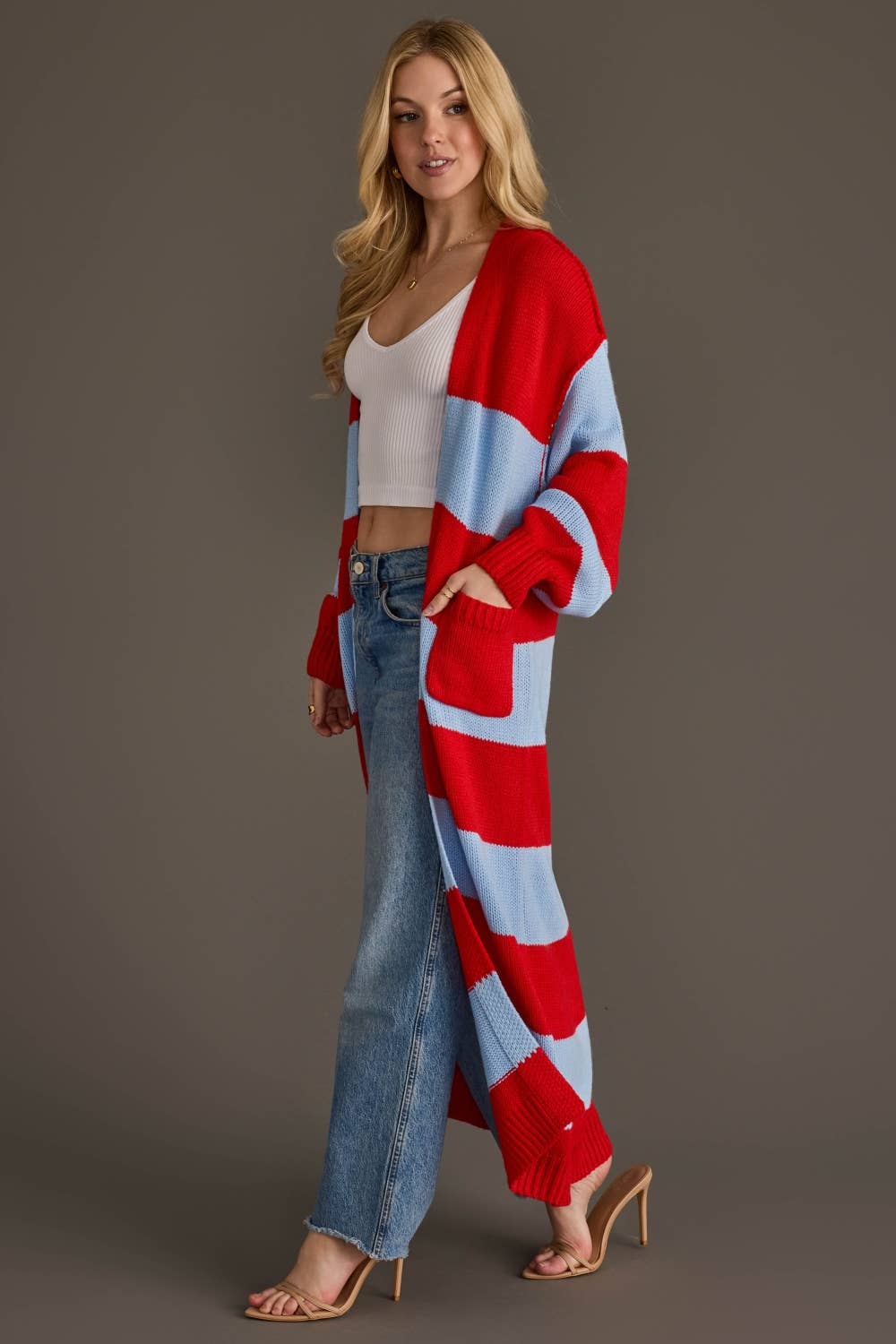 Red &amp; Lt. Blue Striped Duster Cardigan