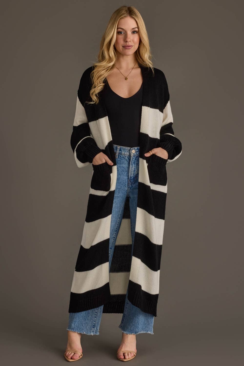 Black &amp; White Striped Duster Cardigan