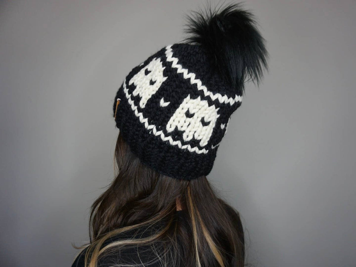 The Ghost Beanie - Halloween, knit hat, handmade, warm, pom