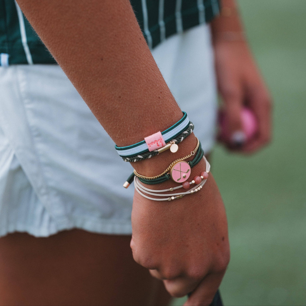 K'lani "Tee Time" Green and Pink Hair Tie Bracelets with Removable Ball Marker