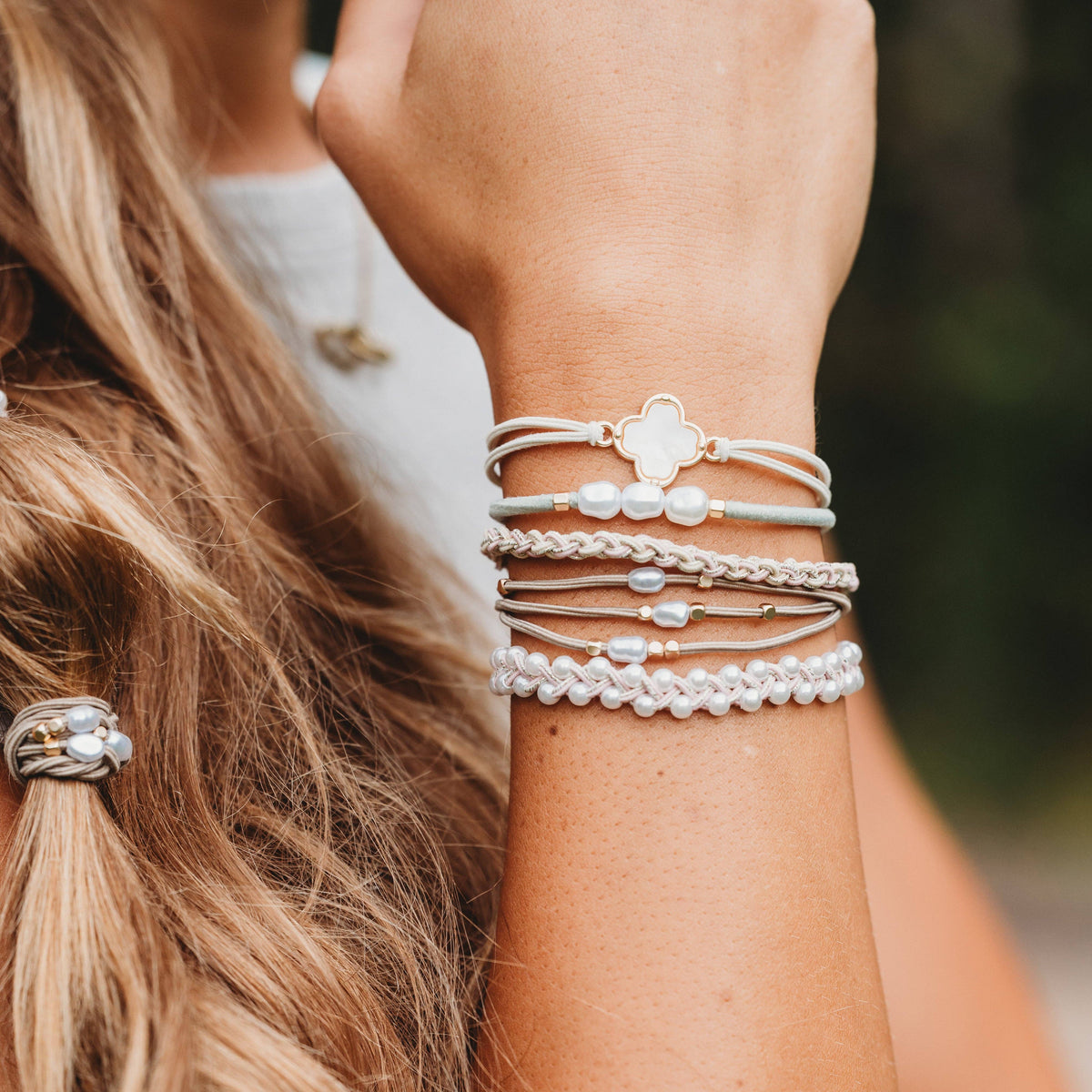 K'lani "Glimmer" Soft Pinks with Pearl and Gold Accent Hair Tie Bracelets