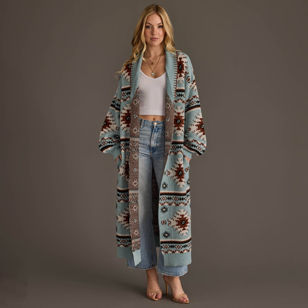 Light Blue, Rust, White &amp; Black Western Cardigan