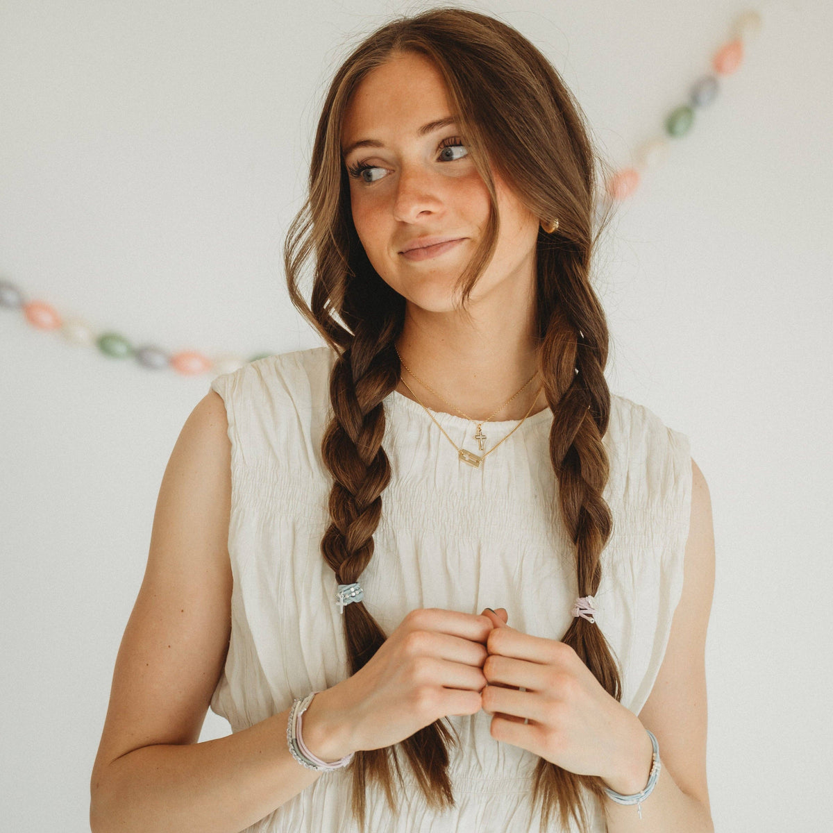 K'lani "Praise" Silver Cross with muted Pastels Hair Tie Bracelets