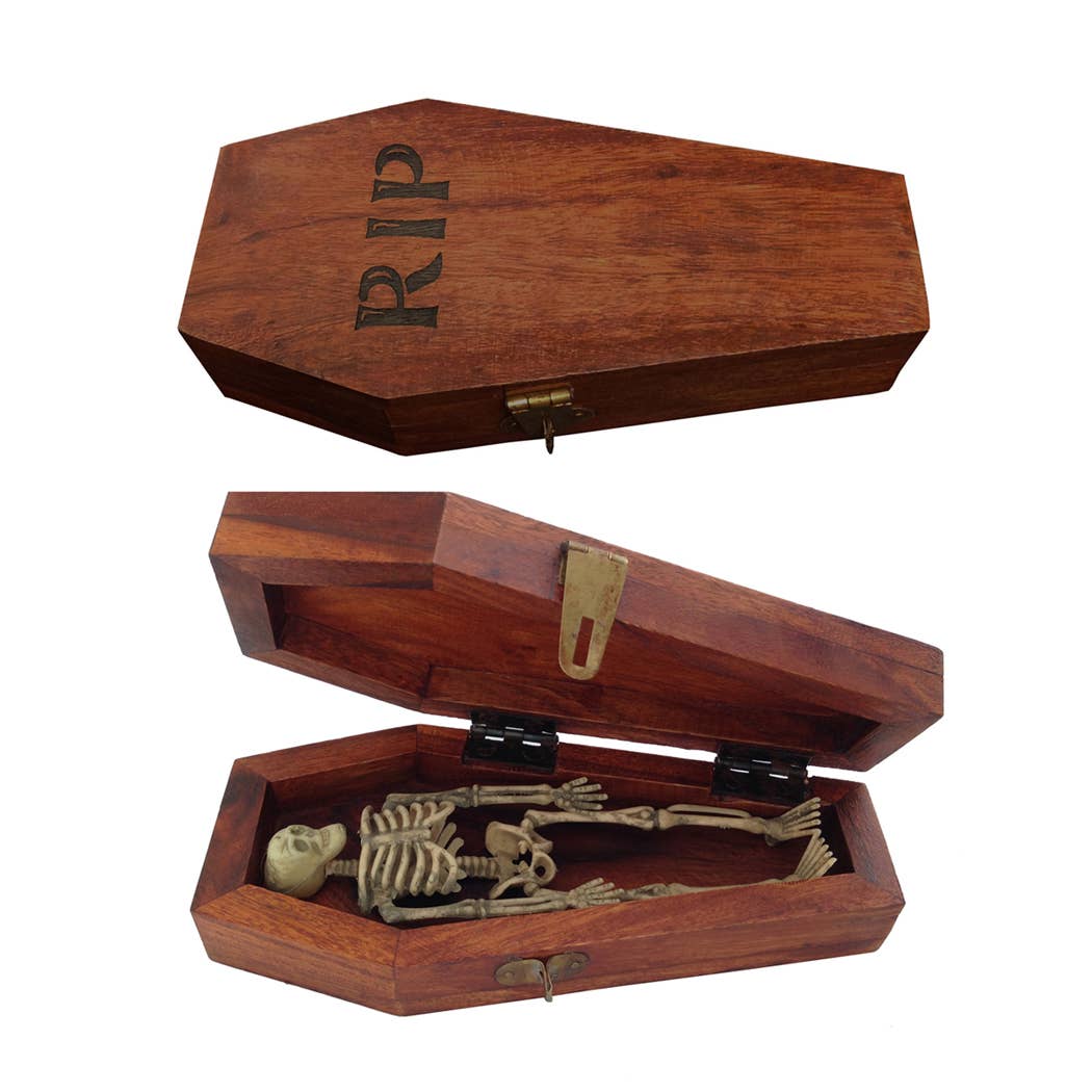 7&quot; Wood Coffin Box with Skeleton Vintage Halloween Decor