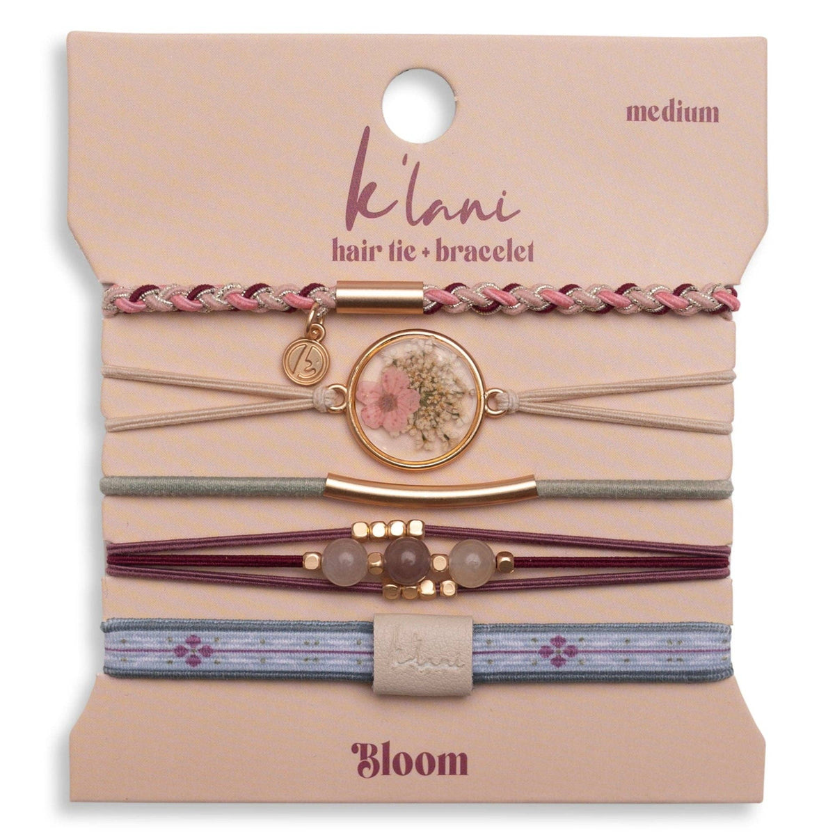 K'lani "Bloom" Maroon and Pink with Pressed Flowers Hair Tie Bracelets