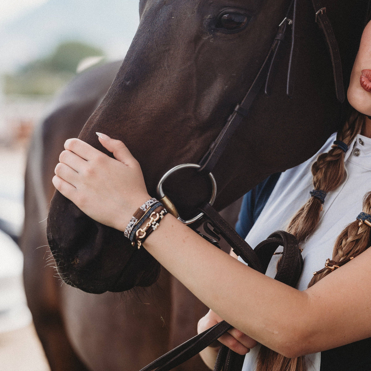 "Gallop" Horse &amp; Bit Equestrian Accents in Rich Brown &amp; Blue Hair Tie Bracelets