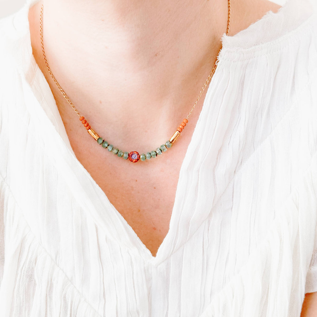 Tiny flower and bead necklace, Dainty flower necklaces