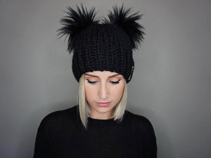The Double Pom Beanie in Black- knit hat, trendy, handmade