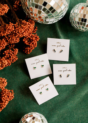 Double Stud Stack - Emerald - Gold Earrings