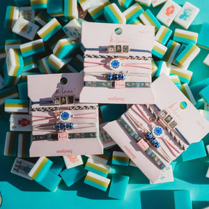 "Mahjong" Themed in Pink, Green & Blue with Lotus & Tile Accent Hair Tie Bracelets